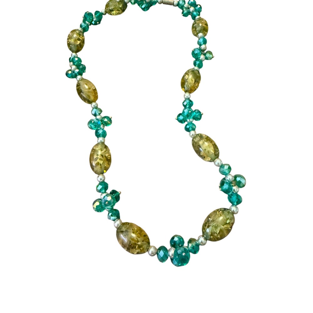 Teal and Olive Green Beaded Crystal Statement Necklace Magnetic Clasp‎ 18 Inch